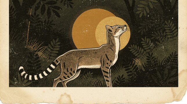 Stylized wild cat looking up in a dark jungle. Vintage-style illustration featuring a moonlit forest with dense foliage and stars. Artistic wildlife concept for nature themes and decorative prints.