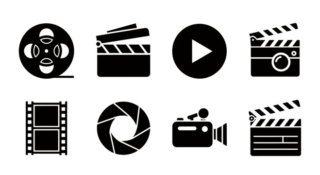 Set of cinema and film production icons including reels, clapperboards, cameras, and play symbol for graphic design.
