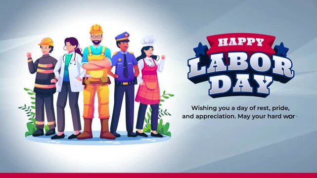 Labor day celebration greeting with diverse essential workers standing together beside typing holiday wishes message