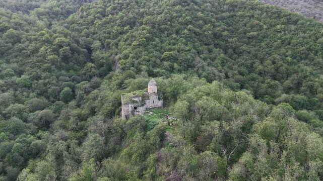 4K Aerial View of Arakelots Monastery Surrounded by Forest in Acharkut, Tavush, Armenia.