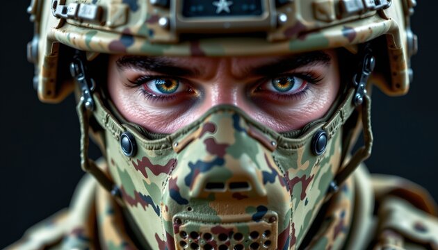 A soldier wearing a camouflage patterned helmet and face mask is captured in a close up shot. The focus is on their piercing blue eyes, which stand out sharply against the detailed tactical gear