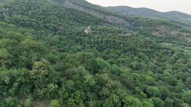 4K Aerial View of Arakelots Monastery Surrounded by Forest in Acharkut, Tavush, Armenia.