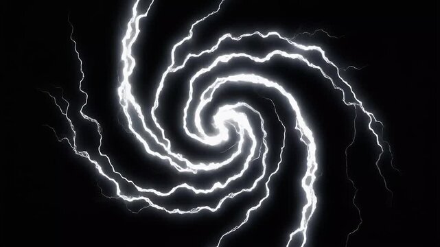 Bright white electrical lightning bolts form a swirling spiral pattern against a black.