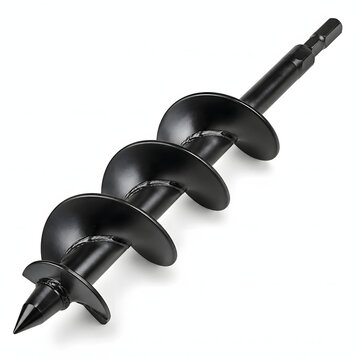 High resolution photo of a spiral garden earth drill auger bit isolated on a white background. Suitable for landscaping power tools catalog planting manual and hardware store advert.