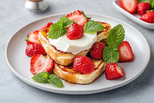 Fresh and Delicious French Toast Garnished with Strawberries and Mint on a Light Gray Background