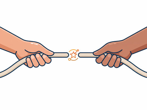 A clean vector illustration features two diverse hands pulling opposite ends of a cable that sparks with energy, symbolizing connection or conflict on a white background.