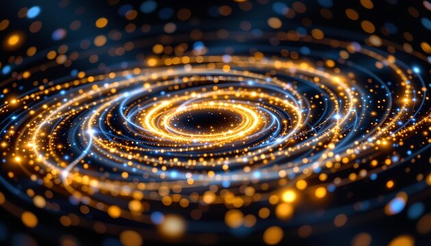 The image depicts a mesmerizing spiral pattern of glowing particles and light streaks radiating outward in a circular motion