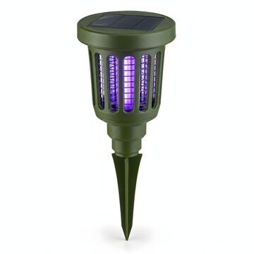 A solar powered outdoor bug zapper stake glowing with purple light isolated on a white background ideal for garden pest control hardware product catalogs and lawn lighting graphics