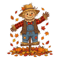 Cute autumn scarecrow vector illustration, friendly fall scarecrow character with pumpkins and falling leaves, thanksgiving harvest festival design element isolated on White Background
