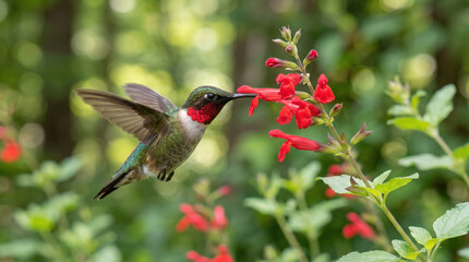 Obraz premium Hummingbird hovering red flower garden nectar bird wing green nature Hummingbird hovering near red flower feeding nectar green garden, delicate wing motion and soft natural background with wild