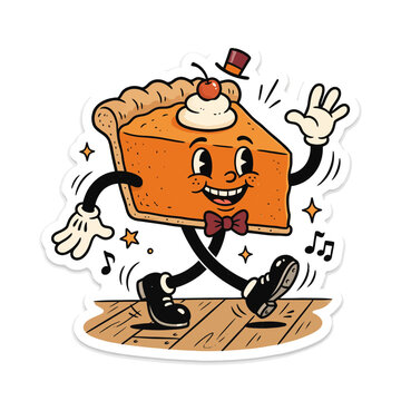 Funny pumpkin pie slice character with top hat and bow tie dancing on a wooden floor in retro style