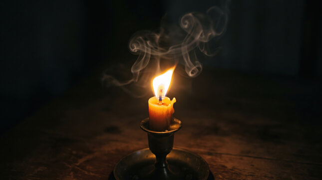 Candle flame darkness smoke wax holder glow flickering candle with orange light on wooden table calm moody atmosphere black background warm illumination