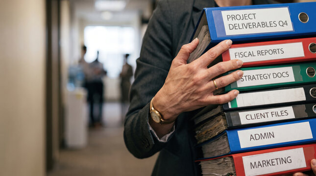 Businesswoman binder office document file report project strategy Holding stacked binders in corporate hallway organized paperwork and meeting preparation