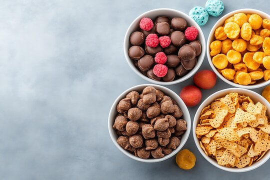 Assorted Snacks in Bowls on Gray Background for Parties and Gatherings with Colors and Textures