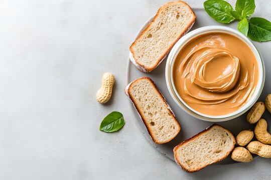 Creamy peanut butter in bowl with slices of bread and whole peanuts on a textured background