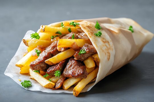 Delicious Wrap of Tender Beef and Crispy French Fries Served in a Paper Cone with Fresh Parsley Garnish