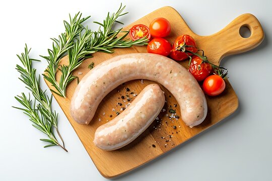 Fresh Sausages with Cherry Tomatoes and Herbs on Wooden Cutting Board Perfect for Cooking Preparations