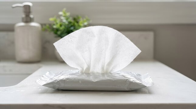 A Single Antiseptic Wet Wipe Dispensed From Its Package Showing Textured Surface on a Countertop
