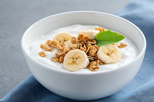Fresh Yogurt Bowl with Banana Slices, Granola, and Mint Leaf on a Blue Background