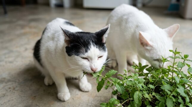 Two domestic cats eating fresh catnip herb indoors.