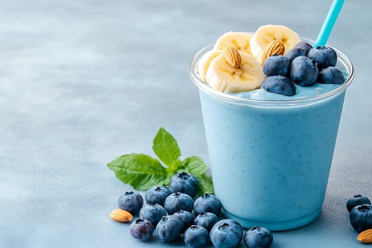 Refreshing Blueberry and Banana Smoothie with Mint Leaves in a Clear Cup