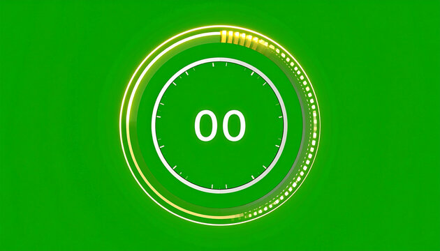 Futuristic Digital Countdown Timer with Glowing Neon Rings and Digital Display Showing Zero on a Vibrant Green Screen Background