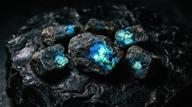 Close-up of raw labradorite pieces showcasing vibrant blue and green iridescent flashes on a dark, textured background