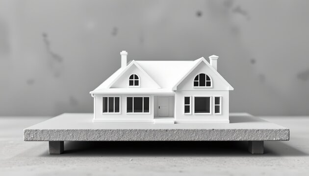 The image features a detailed miniature model of a two story house placed on a flat, textured platform with small supporting blocks underneath