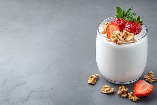 Creamy yogurt parfait with fresh strawberries, granola, and walnuts on a gray stone background
