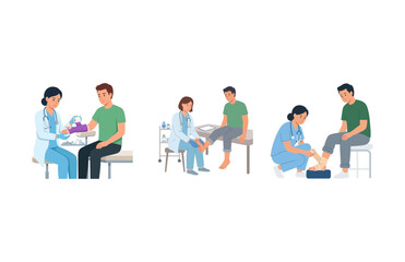 Fototapeta premium Professional Healthcare Set Featuring Medical Personnel Assisting Patients With Various Clinical Treatment Procedures