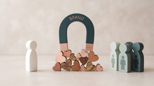 Wooden figures attracted to magnet symbolizing brand loyalty and community connection