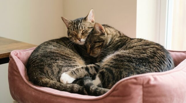 Two tabby cats sleeping peacefully together in a soft pink pet bed indoors.