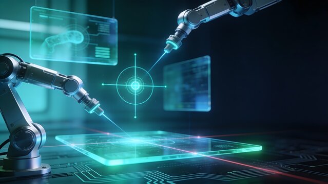 Futuristic robotic arm illustration working with laser precision on transparent glowing display panels. Ideal for artificial intelligence industry tech website banner and automation presentation.