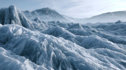 Fototapeta premium A vast expanse of fractured glacier ice under a pale sky revealing rugged frozen terrain and atmospheric depth