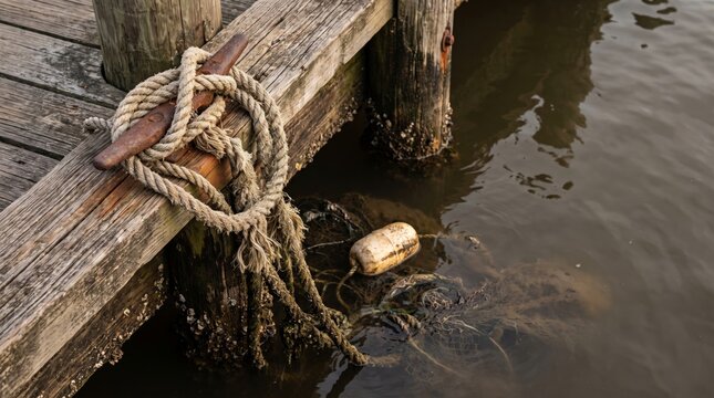 Weathered dock rope tied securely to wooden pier by calm water at dusk for maritime safety