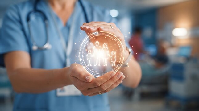 Healthcare professional protecting family outline for world mental health day medical concept