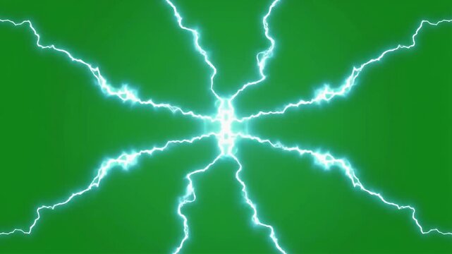 Bright white electrical lightning bolts radiate from the center against a green background.
