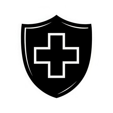 Medical cross shield emblem in flat minimalist black and white line art style