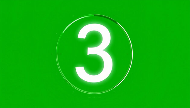 Countdown Timer Number 3 Glowing White Digit Inside a Circular Frame on a Vibrant Green Screen Background for Video Production
