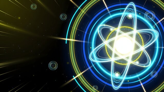 3D quantum atomic model render featuring glowing electron orbits around a bright nucleus center. Suitable for physics education presentation, nuclear energy poster, and science banner.