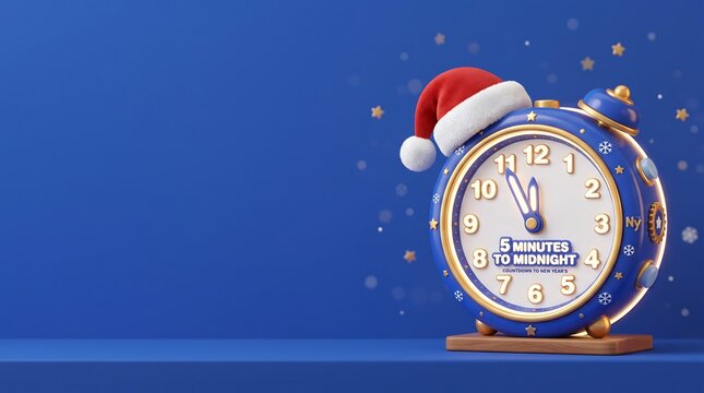 Blue alarm clock with a Santa hat showing five minutes to midnight on a festive background.