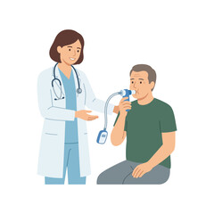 Fototapeta premium Female Physician Performing Lung Function Test on Senior Male Patient Using Medical Spirometer Device