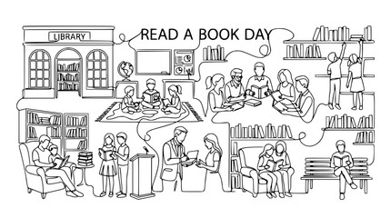 Fototapeta premium Diverse People Reading Books in Library Scene, Read a Book Day Celebration