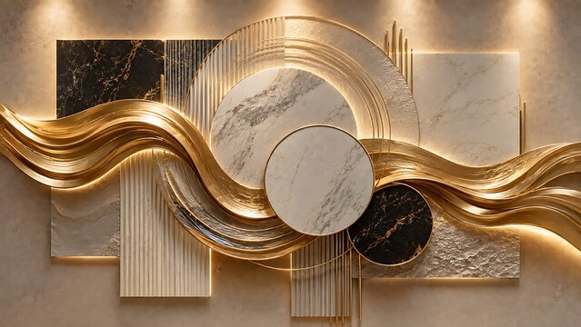 Luxurious mixed-media 3D wall art blending marble blocks, fluted textures, and concentric circles with flowing, fluid metallic gold waves.