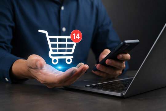 User tapping smartphone with shopping cart and wishlist icons, representing online shopping, saved items, ecommerce experience, digital retail behavior, and purchase decision journey.