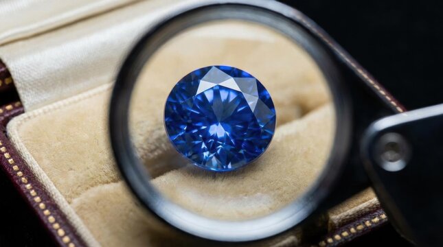 Macro view of blue sapphire gemstone under loupe.