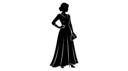 Fototapeta premium Elegant Woman Silhouette Evening Gown Clutch Hand on Hip Fashion Vector