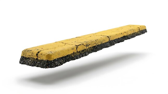 Thick slice of asphalt road with yellow painted line.