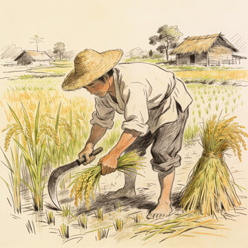 Farmer in straw hat harvesting golden rice crop in rural village field