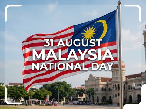 Malaysian flag waving in the wind against a clear blue sky with the sultan abdul samad building in the background on a sunny day during the 31 august national day celebration in kuala lumpur
